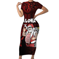 Hawaii Aloha Santa Claus Funny Polynesian Tattoo Short Sleeve Bodycon Dress Red Color LT03 Long Dress Red - Polynesian Pride