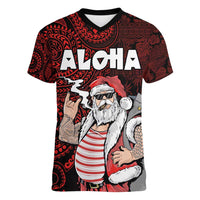 Hawaii Aloha Santa Claus Funny Polynesian Tattoo Women V-Neck T-Shirt Red Color LT03 Female Red - Polynesian Pride