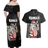 Hawaii Aloha Santa Claus Funny Polynesian Tattoo Couples Matching Off Shoulder Maxi Dress and Hawaiian Shirt Black Color LT03 - Polynesian Pride