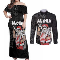 Hawaii Aloha Santa Claus Funny Polynesian Tattoo Couples Matching Off Shoulder Maxi Dress and Long Sleeve Button Shirt Black Color