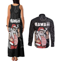 Hawaii Aloha Santa Claus Funny Polynesian Tattoo Couples Matching Tank Maxi Dress and Long Sleeve Button Shirt Black Color