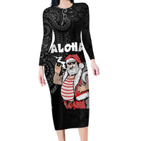 Hawaii Aloha Santa Claus Funny Polynesian Tattoo Family Matching Long Sleeve Bodycon Dress and Hawaiian Shirt Black Color LT03 Mom's Dress Black - Polynesian Pride