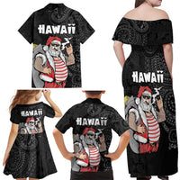 Hawaii Aloha Santa Claus Funny Polynesian Tattoo Family Matching Off Shoulder Maxi Dress and Hawaiian Shirt Black Color LT03 - Polynesian Pride
