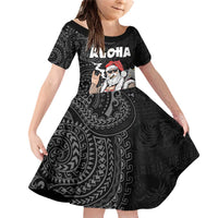 Hawaii Aloha Santa Claus Funny Polynesian Tattoo Family Matching Off Shoulder Short Dress and Hawaiian Shirt Black Color LT03 Daughter's Dress Black - Polynesian Pride