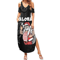 Hawaii Aloha Santa Claus Funny Polynesian Tattoo Family Matching Summer Maxi Dress and Hawaiian Shirt Black Color LT03 Mom's Dress Black - Polynesian Pride