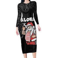 Hawaii Aloha Santa Claus Funny Polynesian Tattoo Long Sleeve Bodycon Dress Black Color LT03 Long Dress Black - Polynesian Pride