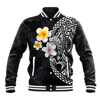 Hawaiian Hibiscus and Plumeria Polynesian Tribal Tattoo Baseball Jacket Black Color