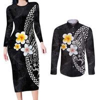 Hawaiian Hibiscus and Plumeria Polynesian Tribal Tattoo Couples Matching Long Sleeve Bodycon Dress and Long Sleeve Button Shirt Black Color