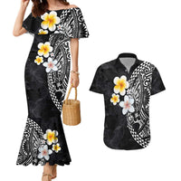 Hawaiian Hibiscus and Plumeria Polynesian Tribal Tattoo Couples Matching Mermaid Dress and Hawaiian Shirt Black Color LT03 Black - Polynesian Pride