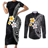 Hawaiian Hibiscus and Plumeria Polynesian Tribal Tattoo Couples Matching Short Sleeve Bodycon Dress and Long Sleeve Button Shirt Black Color