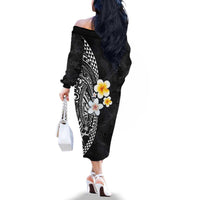 Hawaiian Hibiscus and Plumeria Polynesian Tribal Tattoo Family Matching Off The Shoulder Long Sleeve Dress and Hawaiian Shirt Black Color LT03 - Polynesian Pride