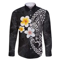 Hawaiian Hibiscus and Plumeria Polynesian Tribal Tattoo Family Matching Off Shoulder Maxi Dress and Hawaiian Shirt Black Color LT03 Dad's Shirt - Long Sleeve Black - Polynesian Pride