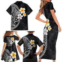 Hawaiian Hibiscus and Plumeria Polynesian Tribal Tattoo Family Matching Short Sleeve Bodycon Dress and Hawaiian Shirt Black Color LT03 - Polynesian Pride