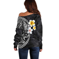Hawaiian Hibiscus and Plumeria Polynesian Tribal Tattoo Off Shoulder Sweater Black Color LT03 - Polynesian Pride