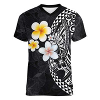 Hawaiian Hibiscus and Plumeria Polynesian Tribal Tattoo Women V-Neck T-Shirt Black Color LT03 Female Black - Polynesian Pride