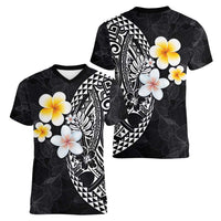 Hawaiian Hibiscus and Plumeria Polynesian Tribal Tattoo Women V-Neck T-Shirt Black Color LT03 - Polynesian Pride