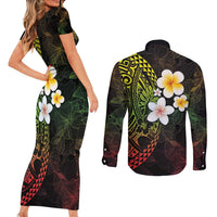 Hawaiian Hibiscus and Plumeria Polynesian Tribal Tattoo Couples Matching Short Sleeve Bodycon Dress and Long Sleeve Button Shirt Reggae Color