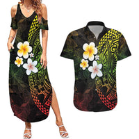 Hawaiian Hibiscus and Plumeria Polynesian Tribal Tattoo Couples Matching Summer Maxi Dress and Hawaiian Shirt Reggae Color