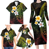 Hawaiian Hibiscus and Plumeria Polynesian Tribal Tattoo Family Matching Long Sleeve Bodycon Dress and Hawaiian Shirt Reggae Color LT03 - Polynesian Pride