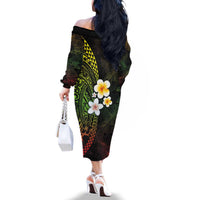 Hawaiian Hibiscus and Plumeria Polynesian Tribal Tattoo Family Matching Off The Shoulder Long Sleeve Dress and Hawaiian Shirt Reggae Color LT03 - Polynesian Pride