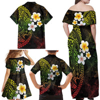 Hawaiian Hibiscus and Plumeria Polynesian Tribal Tattoo Family Matching Off Shoulder Maxi Dress and Hawaiian Shirt Reggae Color LT03 - Polynesian Pride