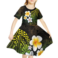 Hawaiian Hibiscus and Plumeria Polynesian Tribal Tattoo Kid Short Sleeve Dress Reggae Color LT03 - Polynesian Pride