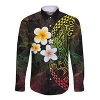 Hawaiian Hibiscus and Plumeria Polynesian Tribal Tattoo Long Sleeve Button Shirt Reggae Color LT03 Unisex Reggae - Polynesian Pride
