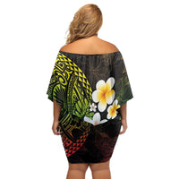 Hawaiian Hibiscus and Plumeria Polynesian Tribal Tattoo Off Shoulder Short Dress Reggae Color LT03 - Polynesian Pride