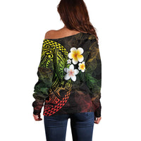 Hawaiian Hibiscus and Plumeria Polynesian Tribal Tattoo Off Shoulder Sweater Reggae Color LT03 - Polynesian Pride