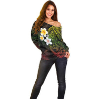 Hawaiian Hibiscus and Plumeria Polynesian Tribal Tattoo Off Shoulder Sweater Reggae Color LT03 - Polynesian Pride