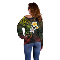 Hawaiian Hibiscus and Plumeria Polynesian Tribal Tattoo Off Shoulder Sweater Reggae Color LT03 - Polynesian Pride