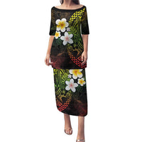 Hawaiian Hibiscus and Plumeria Polynesian Tribal Tattoo Puletasi Reggae Color LT03 Long Dress Reggae - Polynesian Pride