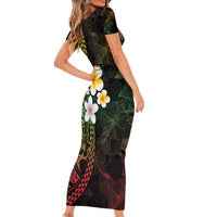Hawaiian Hibiscus and Plumeria Polynesian Tribal Tattoo Short Sleeve Bodycon Dress Reggae Color LT03 - Polynesian Pride