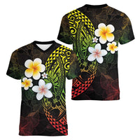 Hawaiian Hibiscus and Plumeria Polynesian Tribal Tattoo Women V-Neck T-Shirt Reggae Color LT03 - Polynesian Pride