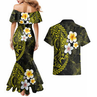 Hawaiian Hibiscus and Plumeria Polynesian Tribal Tattoo Couples Matching Mermaid Dress and Hawaiian Shirt Yellow Color LT03 - Polynesian Pride