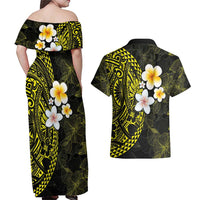 Hawaiian Hibiscus and Plumeria Polynesian Tribal Tattoo Couples Matching Off Shoulder Maxi Dress and Hawaiian Shirt Yellow Color LT03 - Polynesian Pride