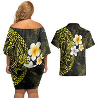 Hawaiian Hibiscus and Plumeria Polynesian Tribal Tattoo Couples Matching Off Shoulder Short Dress and Hawaiian Shirt Yellow Color