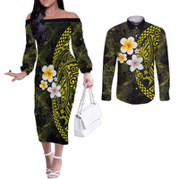 Hawaiian Hibiscus and Plumeria Polynesian Tribal Tattoo Couples Matching Off The Shoulder Long Sleeve Dress and Long Sleeve Button Shirt Yellow Color