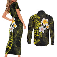 Hawaiian Hibiscus and Plumeria Polynesian Tribal Tattoo Couples Matching Short Sleeve Bodycon Dress and Long Sleeve Button Shirt Yellow Color