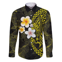 Hawaiian Hibiscus and Plumeria Polynesian Tribal Tattoo Family Matching Off Shoulder Short Dress and Hawaiian Shirt Yellow Color LT03 Dad's Shirt - Long Sleeve Yellow - Polynesian Pride