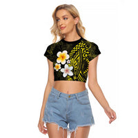Hawaiian Hibiscus and Plumeria Polynesian Tribal Tattoo Raglan Cropped T Shirt Yellow Color LT03 Female Yellow - Polynesian Pride