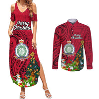 Niue Christmas Couples Matching Summer Maxi Dress and Long Sleeve Button Shirt Coat of Arms and Polynesian Tattoo Xmas Element Christmas Red Vibe LT03 Red - Polynesian Pride