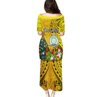 Personalised Niue Christmas Family Matching Puletasi Dress and Hawaiian Shirt Coat of Arms and Polynesian Tattoo Xmas Element Christmas Yellow Vibe LT03 - Polynesian Pride