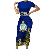 Niue Christmas Family Matching Short Sleeve Bodycon Dress and Hawaiian Shirt Coat of Arms and Polynesian Tattoo Xmas Element Christmas Blue Vibe LT03 Mom's Dress Blue - Polynesian Pride