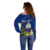 Personalised Niue Christmas Off Shoulder Sweater Coat of Arms and Polynesian Tattoo Xmas Element Christmas Blue Vibe LT03 - Polynesian Pride