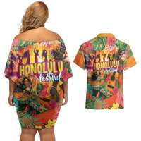 Hawaiian Honolulu Festival Couples Matching Off Shoulder Short Dress and Hawaiian Shirt Hawaiian Identity - Hula Dancer and Ukulele Tropical Plants Style