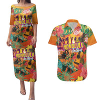 Hawaiian Honolulu Festival Couples Matching Puletasi and Hawaiian Shirt Hawaiian Identity - Hula Dancer and Ukulele Tropical Plants Style LT03 Orange - Polynesian Pride