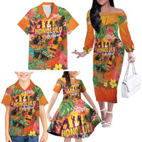 Hawaiian Honolulu Festival Family Matching Off The Shoulder Long Sleeve Dress and Hawaiian Shirt Hawaiian Identity - Hula Dancer and Ukulele Tropical Plants Style