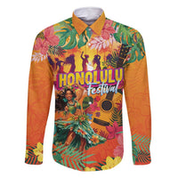 Hawaiian Honolulu Festival Family Matching Off Shoulder Maxi Dress and Hawaiian Shirt Hawaiian Identity - Hula Dancer and Ukulele Tropical Plants Style LT03 Dad's Shirt - Long Sleeve Orange - Polynesian Pride
