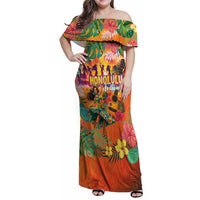 Hawaiian Honolulu Festival Family Matching Off Shoulder Maxi Dress and Hawaiian Shirt Hawaiian Identity - Hula Dancer and Ukulele Tropical Plants Style LT03 Mom's Dress Orange - Polynesian Pride